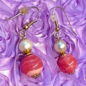 Rhodocrosite & pearl bead 14k gold French hook dangle earrings